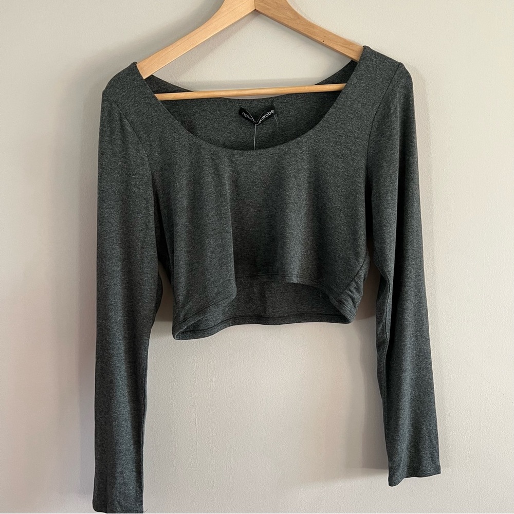 Naked wardrobe long sleeve scoop neck cropped top ladies size xl charcoal gray